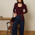 Ribbon V-neck Scarf Long-sleeved Base Top