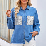 Raw Hem Button Up Long Sleeve Denim Jacket -runwayfashionista.com