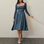 Square Neck Long Sleeve Pleated Midi Dress - blue