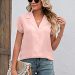 Button Up Collared Neck Short Sleeve Shirt -runwayfashionista.com