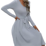 Surplice tie waist long sleeve midi dress - runwayfashionista.com