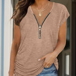 Full Size Half Zip Cap Sleeve T-Shirt -runwayfashionista.com