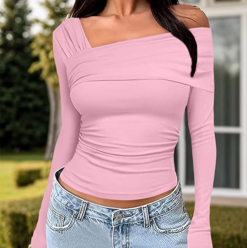 Ruched One Shoulder Long Sleeve T-Shirt - runwayfashionista,.com