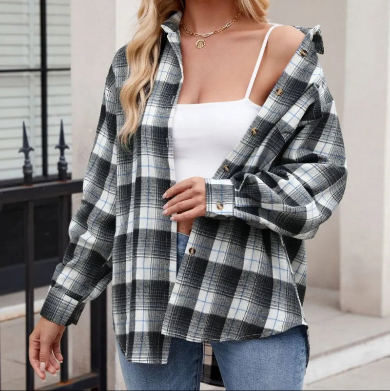 Plaid Collared Neck Long Sleeve Shirt - runwayfashionista.com