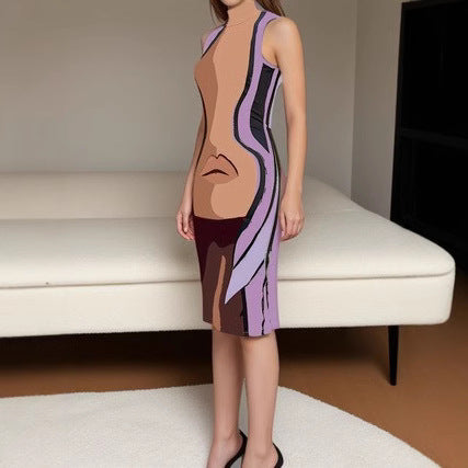 High Neck Lip Print Fitted Midi Dress