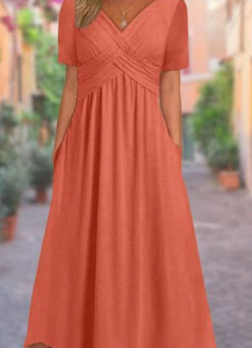 Gemini saidEffortless Chic: The V-Neck Short Sleeve Pocket Midi Dress