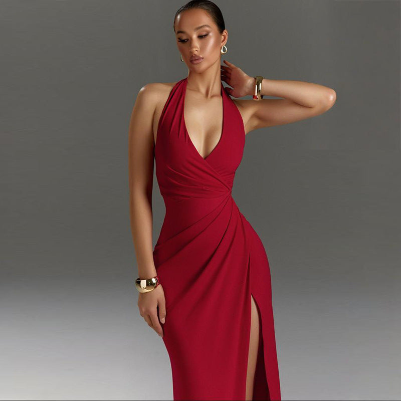 Seductive V-Neck High Slit Maxi Dress - Red
