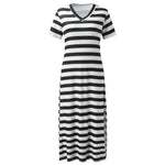 A collection of V-neck casual loose midi dresses with striped patterns and side slits, available in various colors.