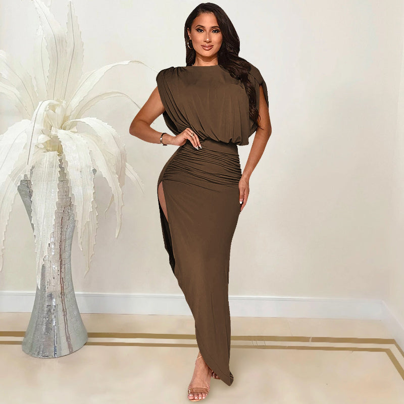 Round Neck Sleeveless Pleated Asymmetrical Slit Maxi Dress - brown
