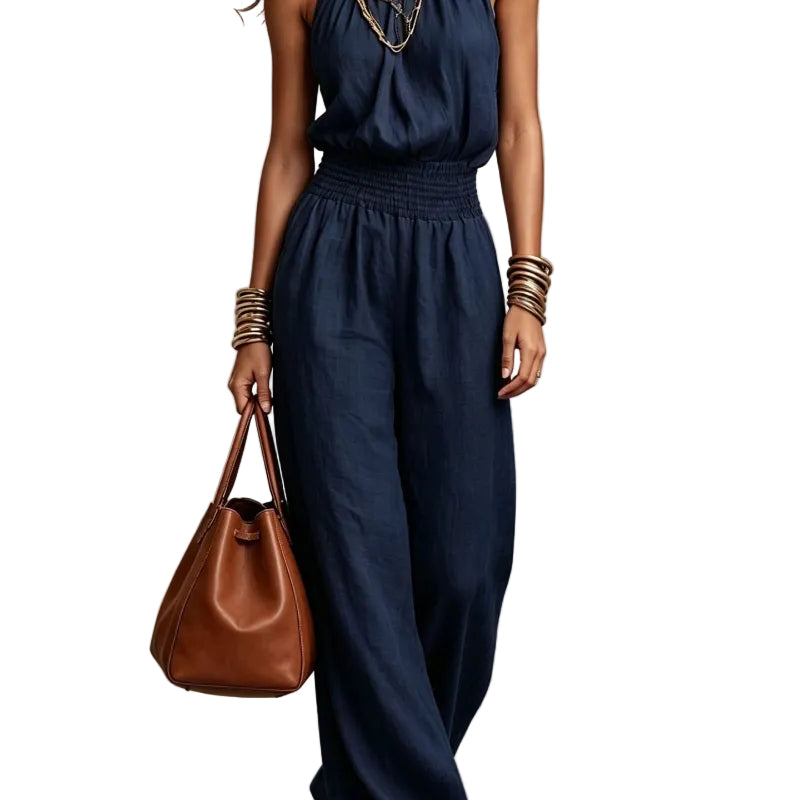 Halter Neck Shirred Waist Wide-Leg Jumpsuit - navy blue