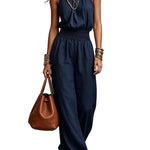Halter Neck Shirred Waist Wide-Leg Jumpsuit - navy blue