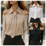 Halter Neck Long Sleeve Blouses - black - Khaki - white
