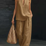 Sleeveless V-neck Halter Top And Wide-leg Pants - brown