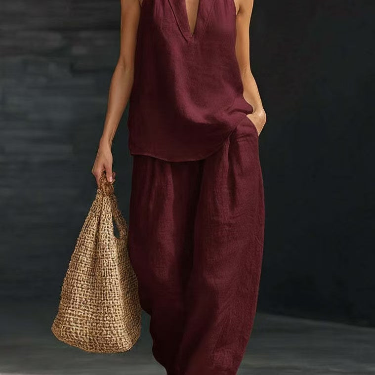 Sleeveless V-neck Halter Top And Wide-leg Pants - wine red