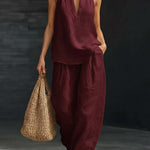 Sleeveless V-neck Halter Top And Wide-leg Pants - wine red