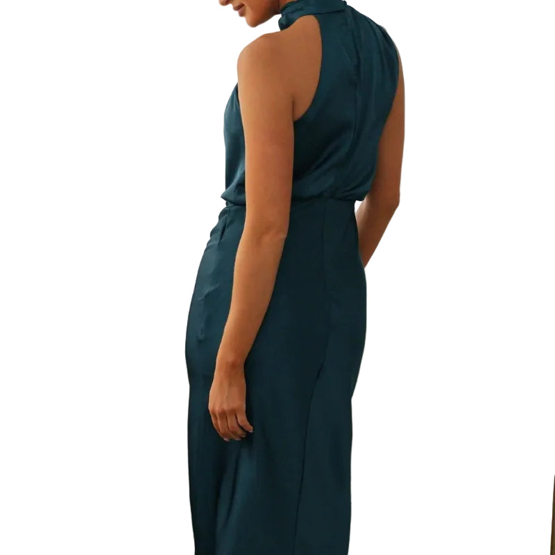 Draped Halter Neck Satin-Finish Midi Dress - green