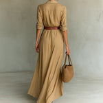 Belted Wrap-Drape Maxi Shirt Dress - khaki - khaki