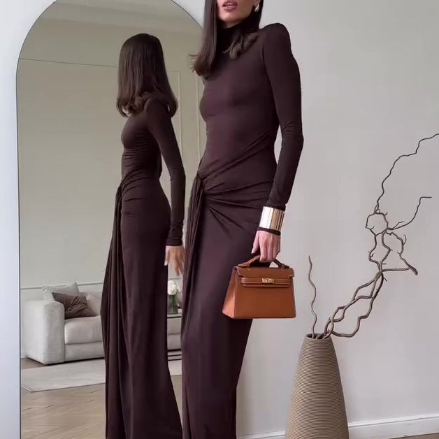 Long Sleeve Slit Maxi Dress - brown