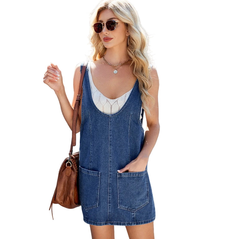 Blue Denim Pinafore Mini Dress with Pockets