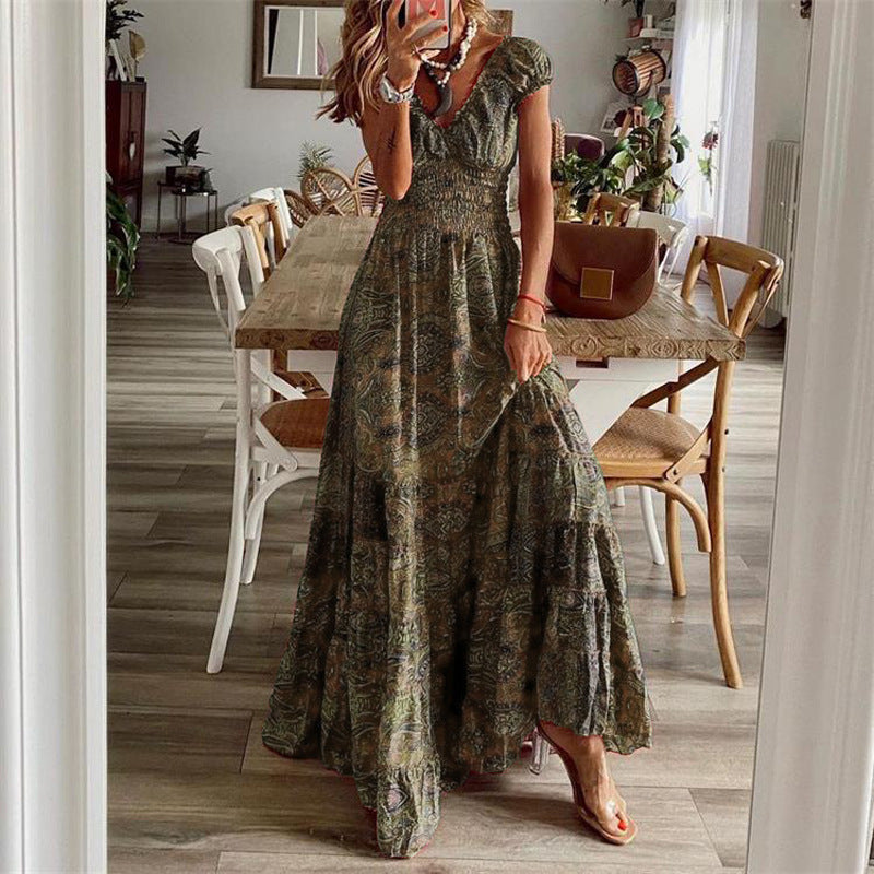 Floral Print A-Line Maxi Dresses - green