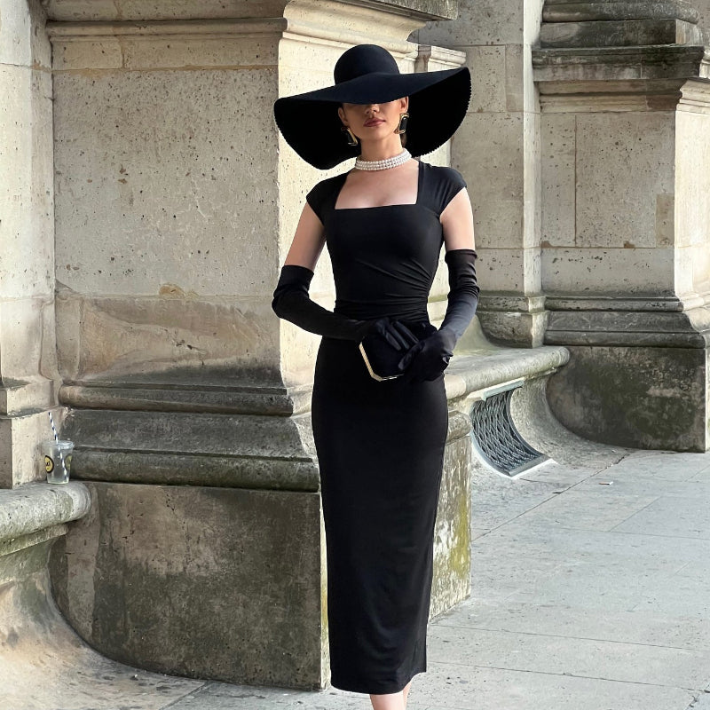 Black Square Neck Hip Wrap Midi Dress With Gloves
