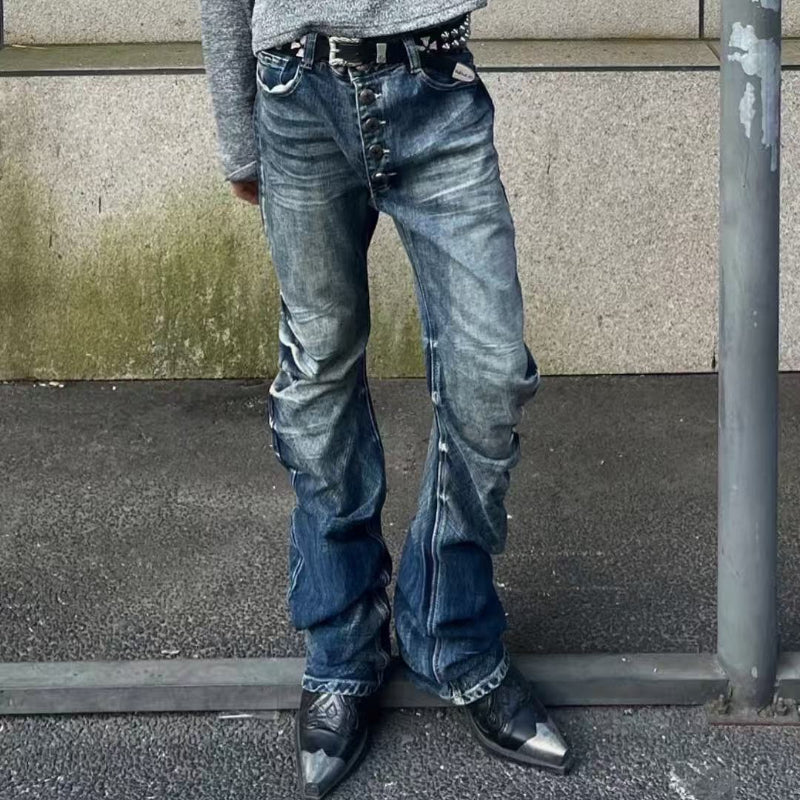 Men's Retro Acid-Washed Exposed Button-Fly Relaxed Bootcut Full-Length Denim Jeans