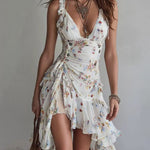 Floral Print Asymmetric Ruffle Midi Dress