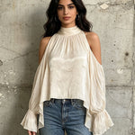 Apricot Cream Satin Cold-Shoulder High-Halter Billowy Sleeve Ruffled-Cuff Asymmetric Blouse
