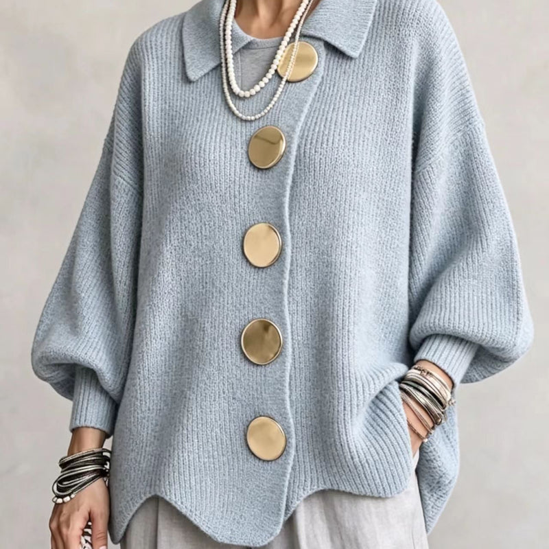 Collared Knit Sweater with Statement Buttons - light blue