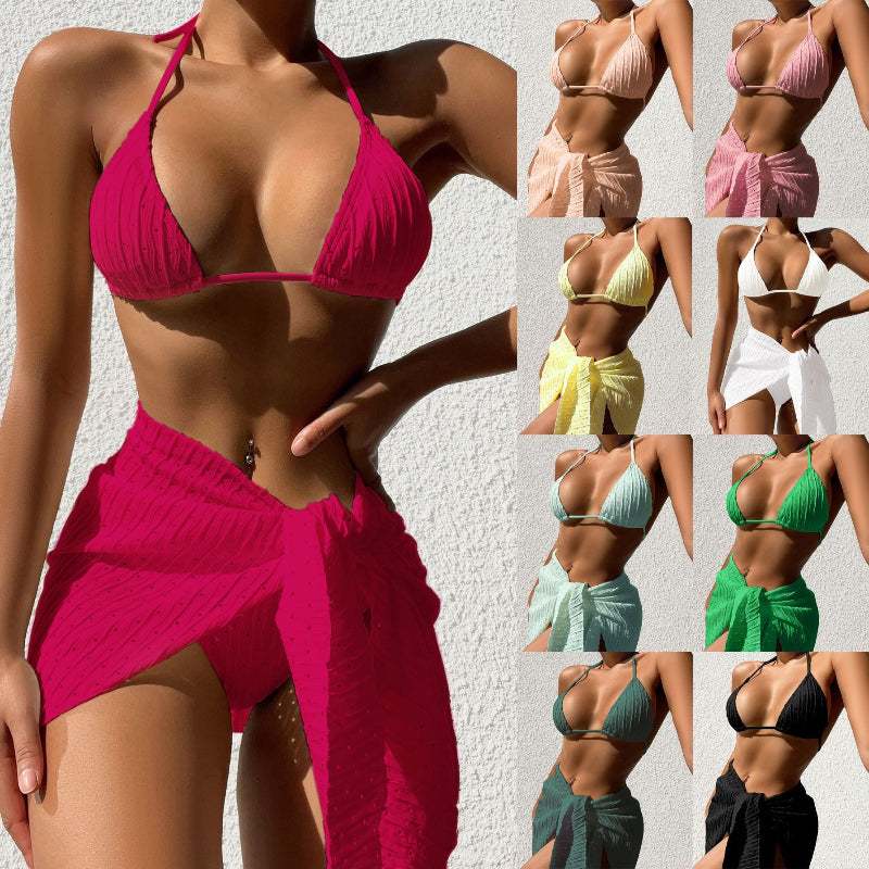 Woman in a pink bikini with additional images of different colored bikinis.