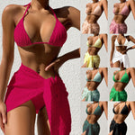 Woman in a pink bikini with additional images of different colored bikinis.