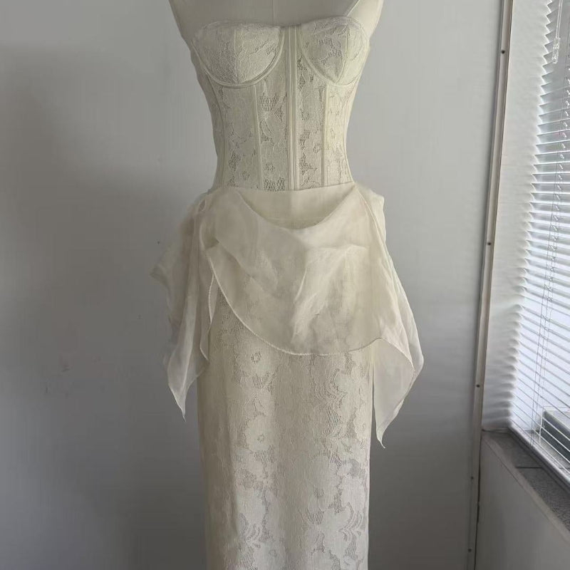 Cream Floral Lace Strapless Sweetheart Corset-Boned Detachable Asymmetric Ruffle-Overlay Midi Dress