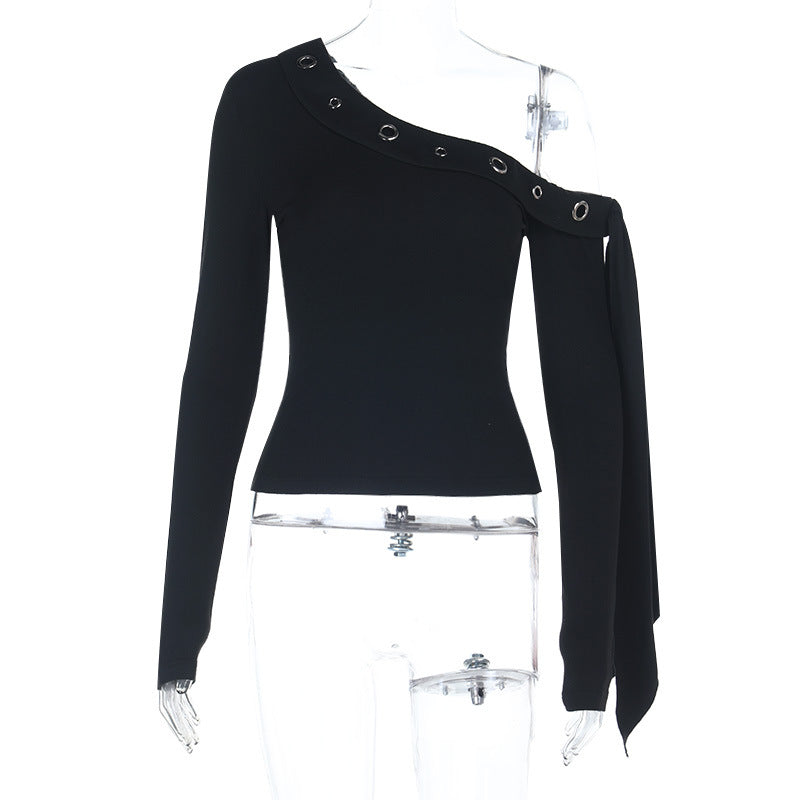 Slanted shoulder long sleeved top