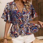 Printed Surplice Half Sleeve Blouse - runwayfashionista.com