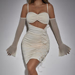 Mesh long sleeved camisole dress with pleated hollow out design