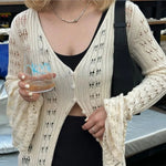 Apricot, Coffee, or Wine Red hollow out horn sleeve woolen cardigan with V-neck, long flared sleeves, high waist, and button-up front. Made of cotton, available in sizes S-L.