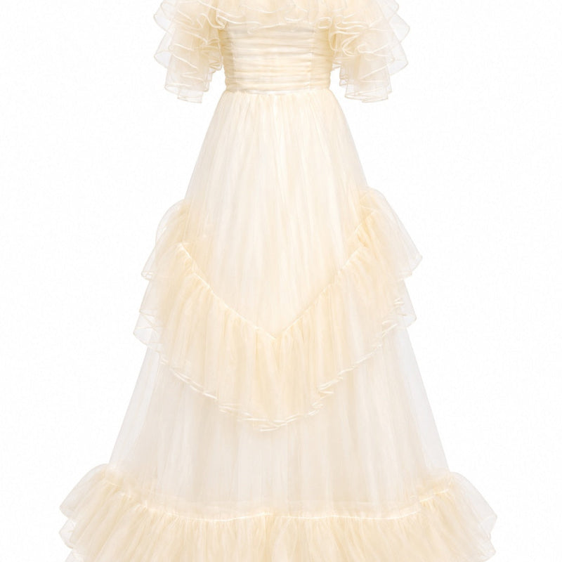 Champagne Off-Shoulder Double-Ruffle Corset-Bodice Tiered Tulle A-Line Floor-Length Maxi Gown