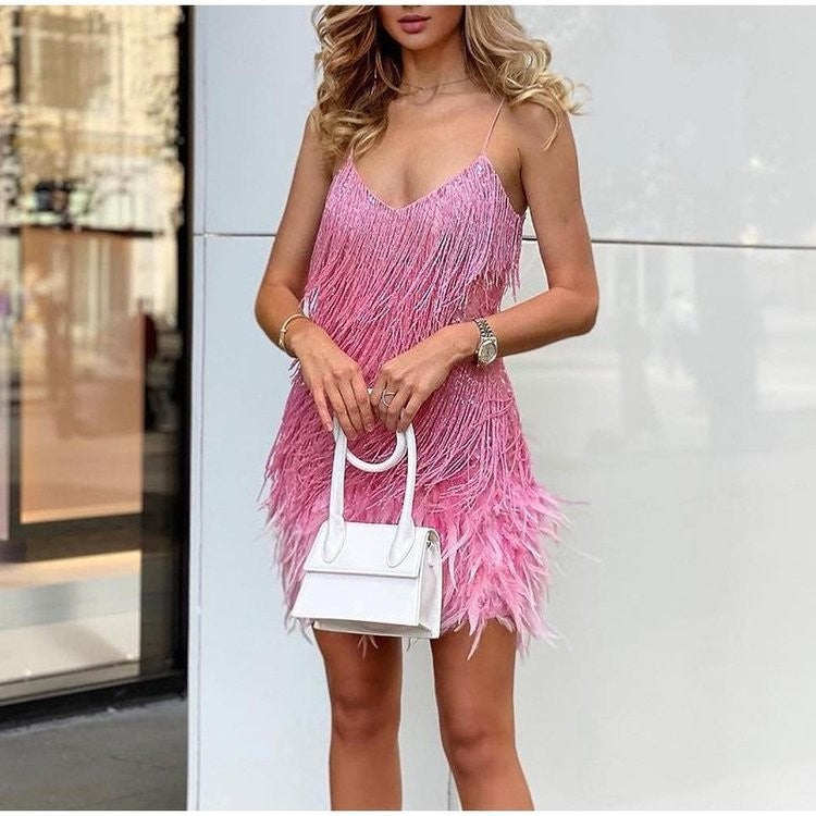 Tassel Sequins Feather Summer Mini Dres - pink
