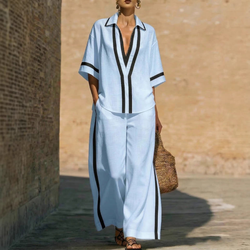 Short Sleeve Top And Wide Leg Pants Two Piece Set - light blue
