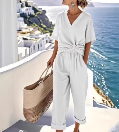Casual Pleated Irregular Top And Pants Set - white