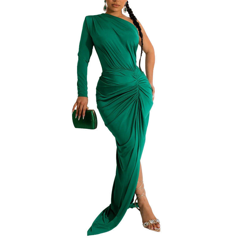 Asymmetrical Neck Single Long Sleeve Maxi Dress with Pleats - green