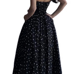 Black Polka Dot Strapless Fitted Bodice A-Line Maxi Dress