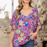 V-Neck Floral Half Sleeve Top- runwayfashionixta.com