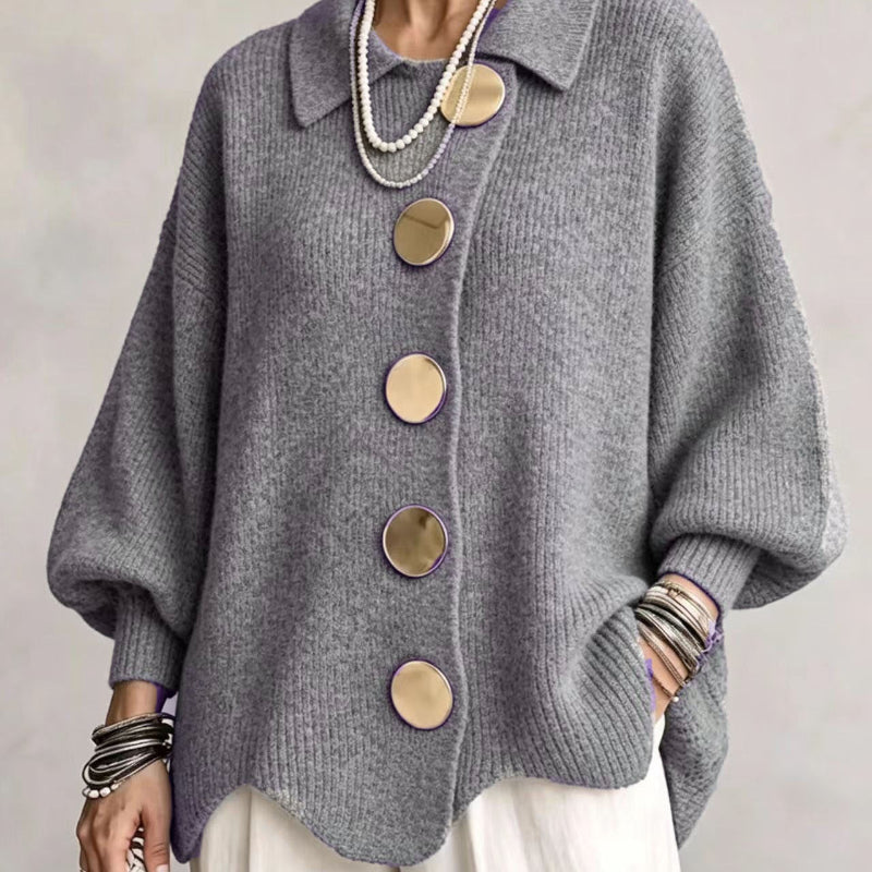 Collared Knit Sweater with Statement Buttons - light grey