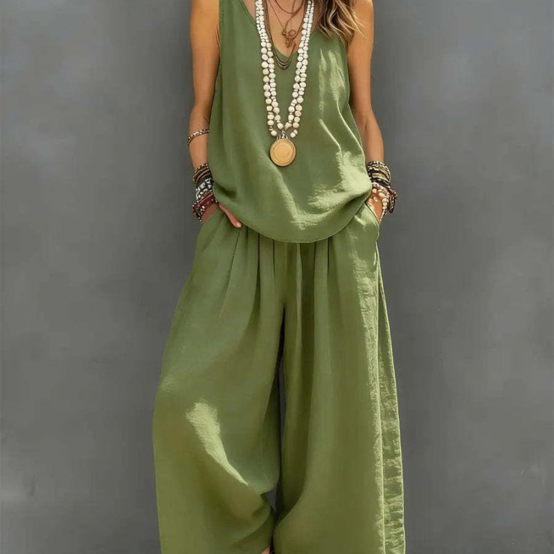 Casual Sleeveless Tank Top And Wide-Leg Pants - green
