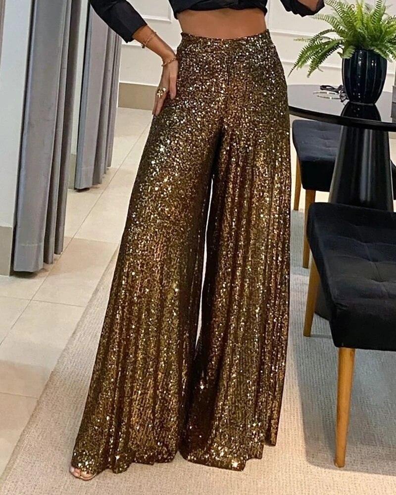 High Waist Sequin Flared Pants - runwayfashionista.com