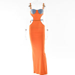 Colour Block Cut-Out Maxi Dress with Gold-Tone Details - orange