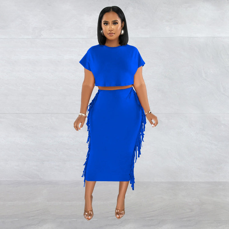 Round Neck Short Sleeve Long Dress Two-Piece Set - Blue