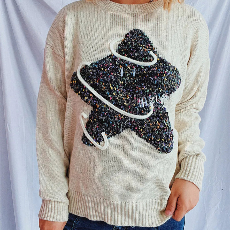 Contrast Star Round Neck Long Sleeve Sweater - runwayfashionista.com