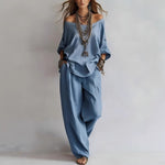 Three-quarter Sleeves Top And Loose Pockets Wide-Leg Pants Set - blue